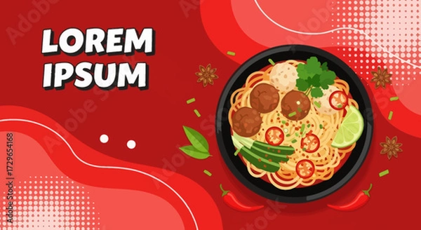 Fototapeta Eye-catching illustration of a delectable noodle and meatball dish, garnished with fresh lime and spicy chili, artfully arranged on a bold red background with modern graphic elements