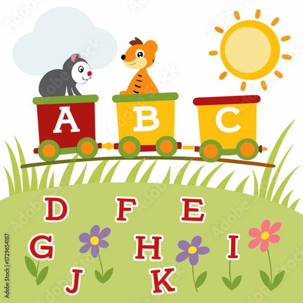 Fototapeta Cute cartoon animals a cat and a tiger riding on a colorful alphabet train with letters a b c and scattered letters d through k on a grassy hill with flowers and a bright sun