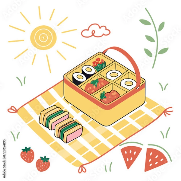 Fototapeta A charming isometric illustration of a delightful picnic scene featuring a yellow bento box filled with sushi strawberries and boiled eggs set on a yellow checkered blanket under a bright sun