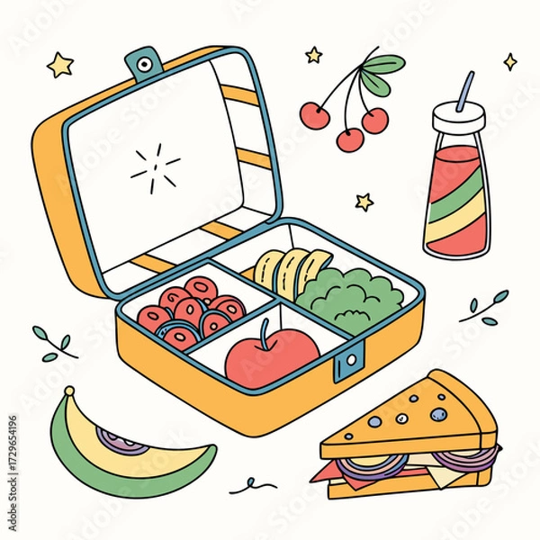 Fototapeta A colorful and whimsical illustration of an open lunchbox filled with healthy food items and surrounding snacks perfect for back to school or a healthy lifestyle concept