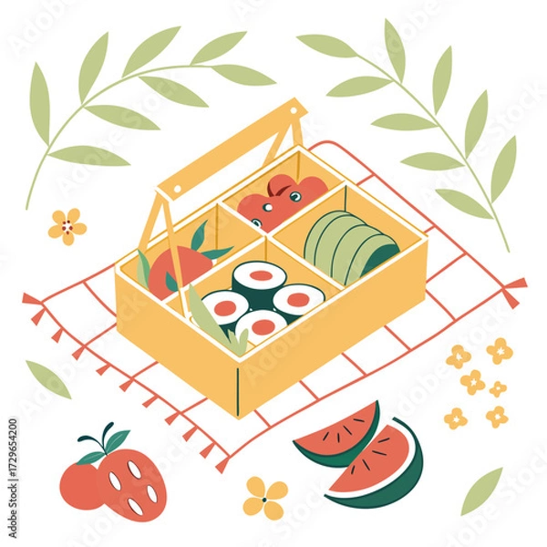 Fototapeta A charming isometric illustration of a picnic basket filled with delicious sushi fruits like strawberries and watermelon and decorative elements like leaves and flowers on a checkered blanket