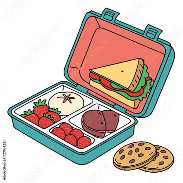 Fototapeta A colorful cartoon illustration of an open lunchbox filled with a sandwich strawberries a round food item and heart shaped cookies with two additional cookies outside the box