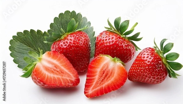 Fototapeta Many Strawberries And Half Strawberries On A White Background