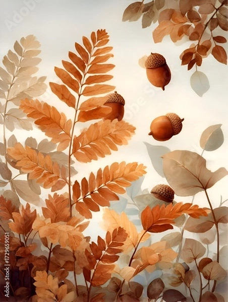Fototapeta A delicate watercolor painting features autumn fern leaves and acorns against a soft, muted background.