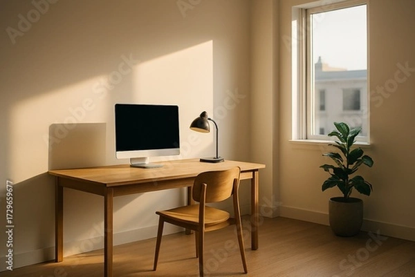 Obraz Tranquil home office bathed in soft morning light—ideal for remote work and productivity content.