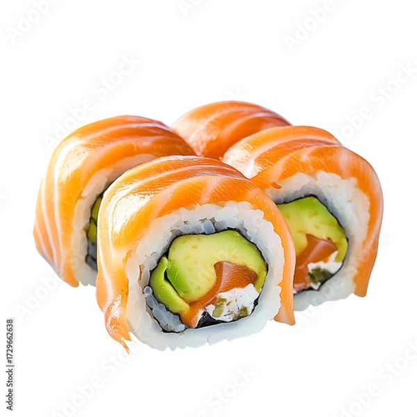 Fototapeta Realistic Salmon Avocado Roll Sushi PNG with Cream Cheese and Rice – Fresh Japanese Uramaki Isolated on White Background for Food Design Projects