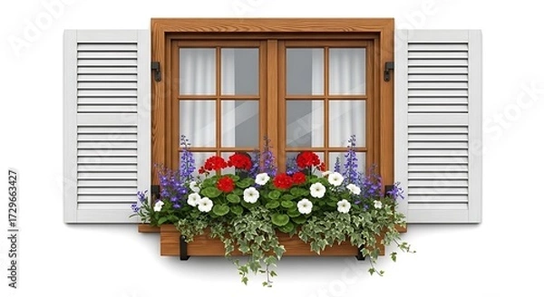 Obraz Wooden Window with Shutters and Vibrant Floral Window Box, Isolated.