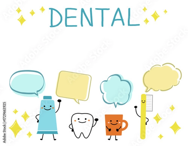 Fototapeta 吹き出し付きの歯のキャラクター達のフレーム