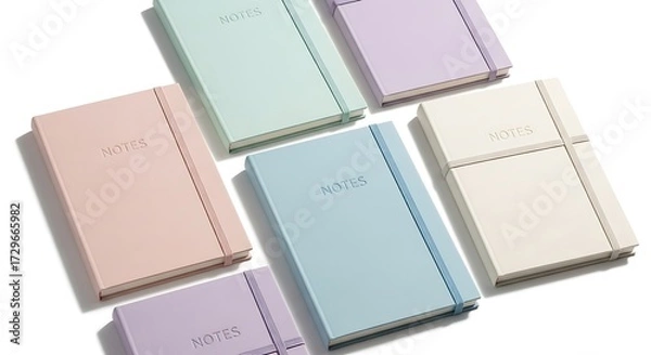 Obraz Pastel Notebooks Composition: Elegant Arrangement of Colorful Journals on White Background.