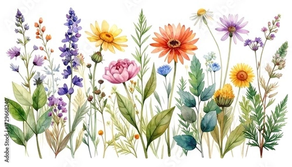 Obraz Watercolor painting of a diverse array of wildflowers, arranged in a vibrant, horizontal row against a white background