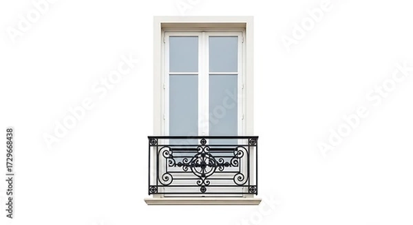 Obraz Parisian Window with Ornate Iron Balcony, Crisp White Frame, Minimalist Aesthetic