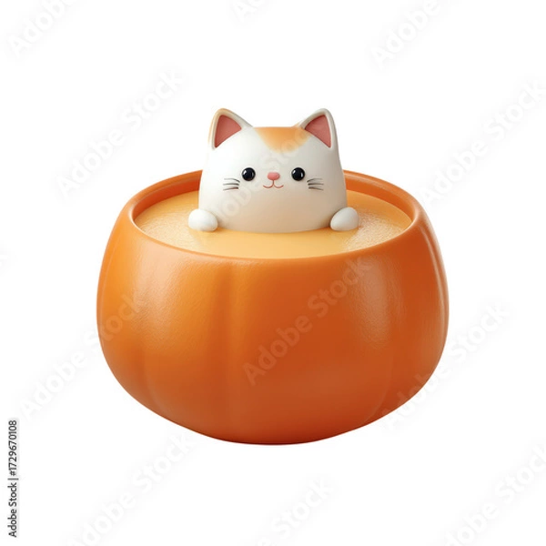 Fototapeta Cute cat peeking out of pumpkin bowl filled with creamy soup, creating warm and playful autumn vibe