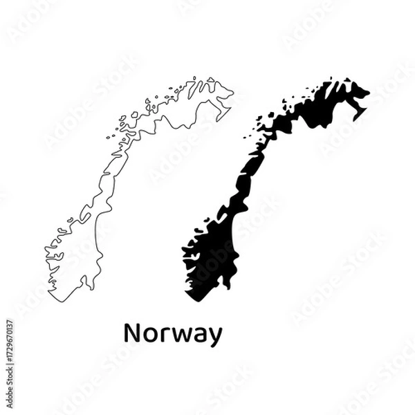 Fototapeta Two outlines and solid black map shapes of norway. Suitable for geography presentations, travel brochures, and educational materials focusing on norway.