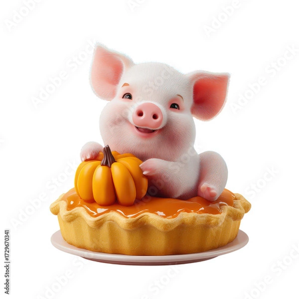 Fototapeta Cute piglet holding small pumpkin on pumpkin pie with happy expression for autumn celebration
