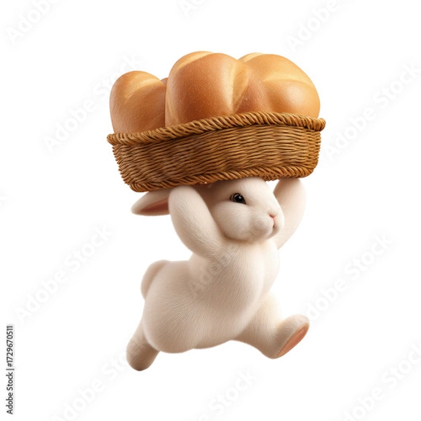 Fototapeta Cute white rabbit joyfully carrying wicker basket filled with fresh bread rolls, symbolizing warm and festive meal