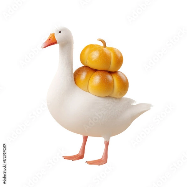 Fototapeta White goose carrying two orange pumpkins on its back, creating whimsical and festive autumn scene with bright colors and smooth textures