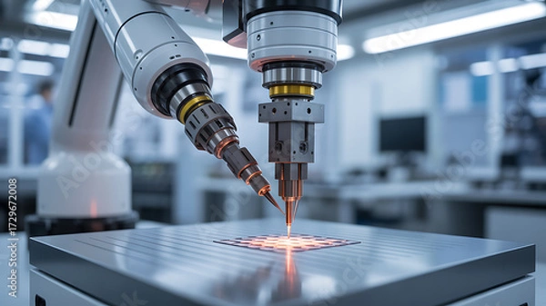 Fototapeta Robotic arms performing precision laser machining on a metal surface in a high-tech industrial facility