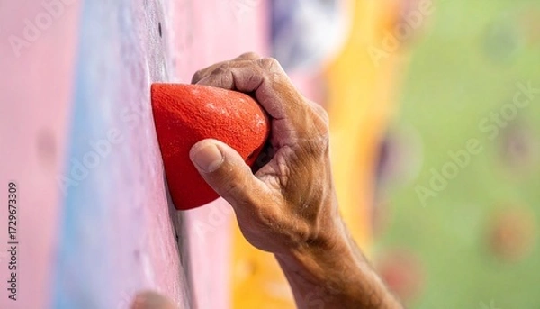 Fototapeta Close-up shot of a climber's hand gripping a red hold on an indoor climbing wall