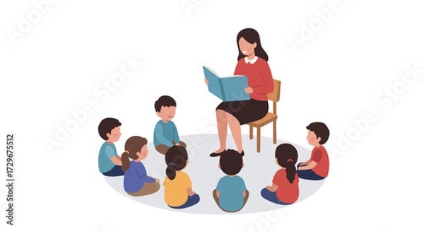 Obraz Teacher Reading to Children in a Circle Storytime and Educational Illustration