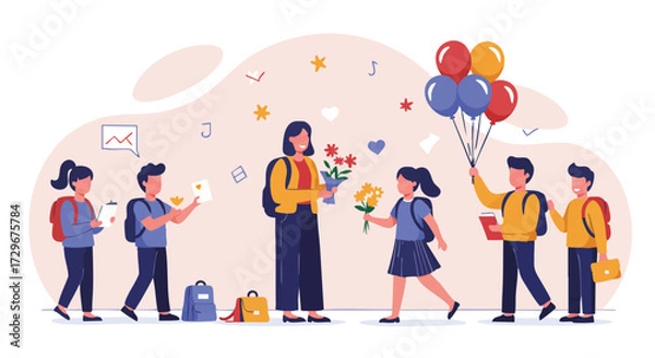 Obraz Celebration of knowledge and growth with students presenting gifts to their teacher on a special day