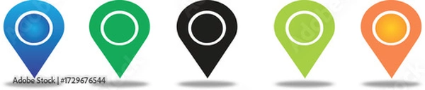 Fototapeta Colorful location map pin icons set in blue, green, black, lime, and orange, modern GPS navigation markers for maps, travel, business, and digital location apps
