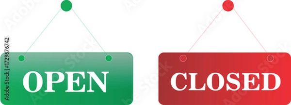 Fototapeta Green open sign and red closed sign hanging boards for shops, restaurants, cafes, and businesses, simple vector icons for opening and closing hours