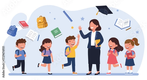 Obraz Joyful elementary students with backpacks eagerly greet their smiling female teacher, celebrating the beginning of a new school year