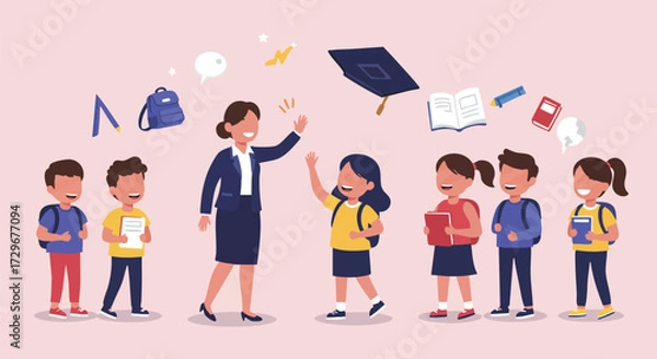 Fototapeta Cheerful teacher giving a high five to a happy student with classmates in a vibrant school scene with educational icons