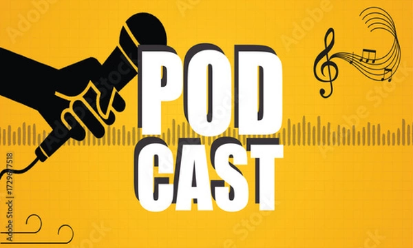 Fototapeta Podcast microphone illustration with sound waves and music notes on yellow background for audio show, radio, talk and streaming