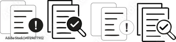 Fototapeta Document review and verification icons set with magnifying glass, approval check mark, warning alert symbol for audit and analysis