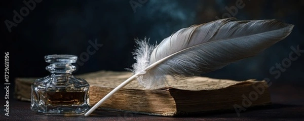 Fototapeta Vintage quill rests on aged book next to an ornate inkwell; nostalgic scene