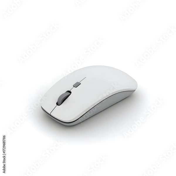Fototapeta A wireless mouse 3D object on a white background, ergonomic shape with side buttons
