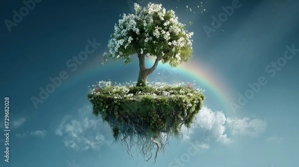 Fototapeta A blooming tree grows on an ethereal floating island under a serene sky