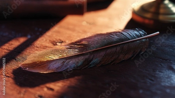 Fototapeta A radiant iridescent feather rests gently upon a rustic wooden surface, catching the light