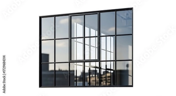 Obraz Modern Black Framed Window with Urban Reflections on White Background