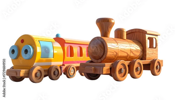 Fototapeta Children’s Wooden Train Pair – Two Distinct Toy Styles Isolated on Transparent Background