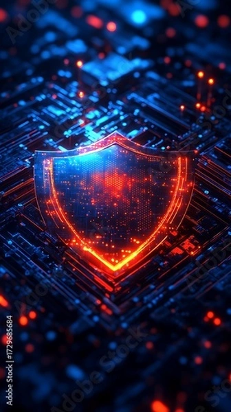 Fototapeta Glowing digital shield symbol abstract background with neon orbs