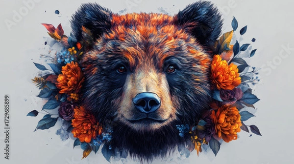 Obraz Bear portrait with floral arrangement