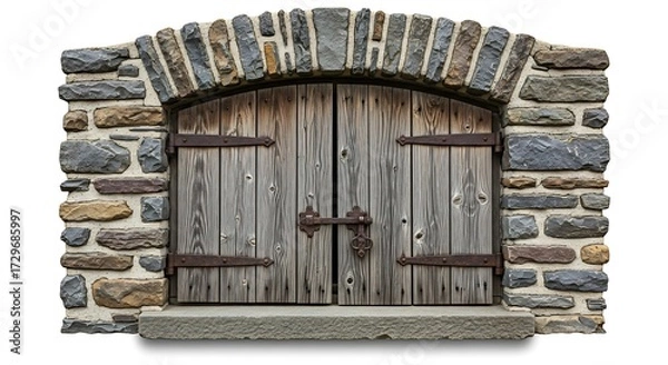 Obraz Rustic Stone Archway with Weathered Wooden Doors and Iron Hardware