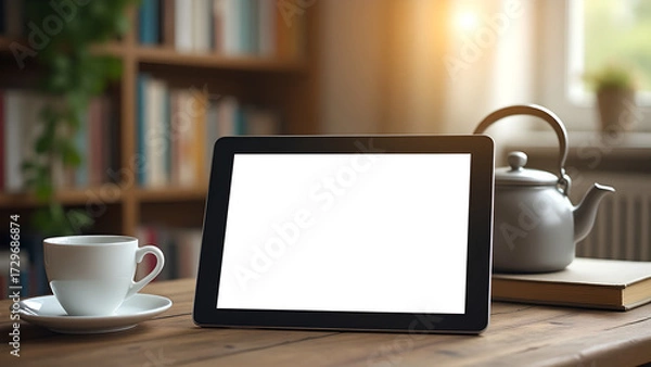 Fototapeta Digital tablet with blank white screen on rustic wooden table, next to teapot and teacups. Minimalist style, perfect for presenting app UI, website design or brand logo.