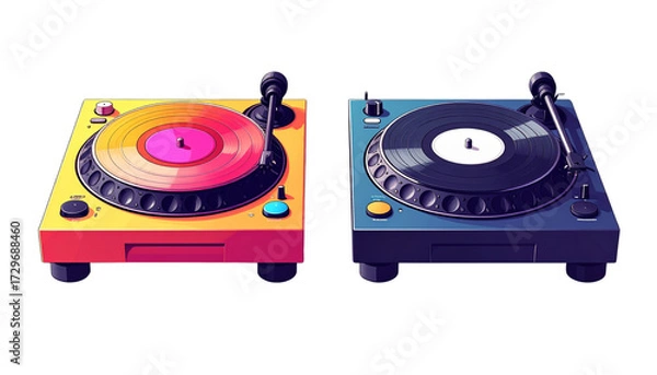Fototapeta Turntable Pair – Two Distinct DJ Equipment Styles Isolated on Transparent Background