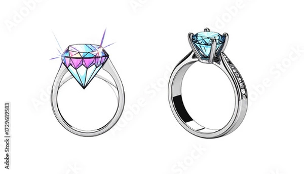 Fototapeta Solitaire Diamond Pair – Two Distinct Engagement Ring Styles Isolated on Transparent Background