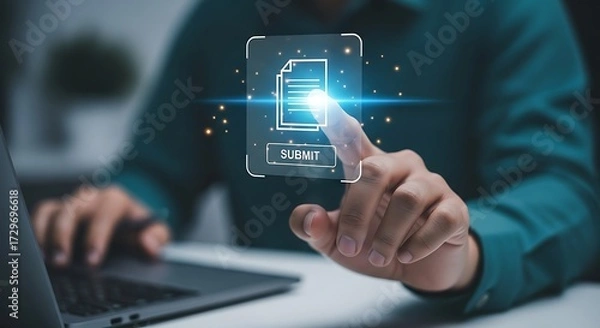 Fototapeta Finger pressing submit button on digital document submission interface form