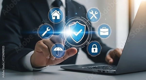 Fototapeta Person interacting with a digital shield icon surrounded by service icons security protection
