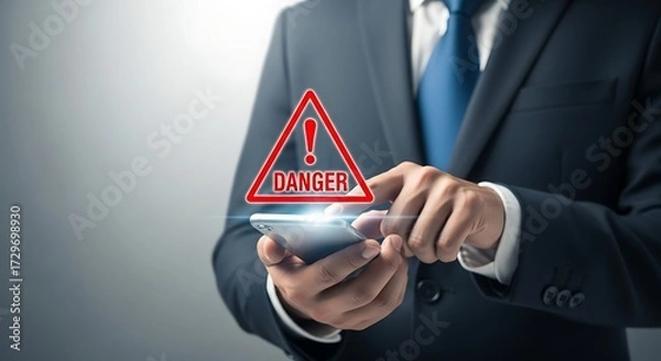 Fototapeta Person in suit touching smartphone with red danger warning sign alert