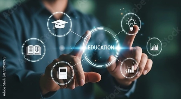 Fototapeta Person interacting with digital education icons and learning symbols on screen knowledge graduation cap