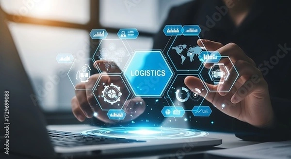 Fototapeta Person interacting with holographic interface displaying logistics network and global map supply chain