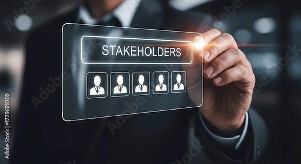 Fototapeta Person touches screen displaying the word Stakeholders and row of user icons Touching