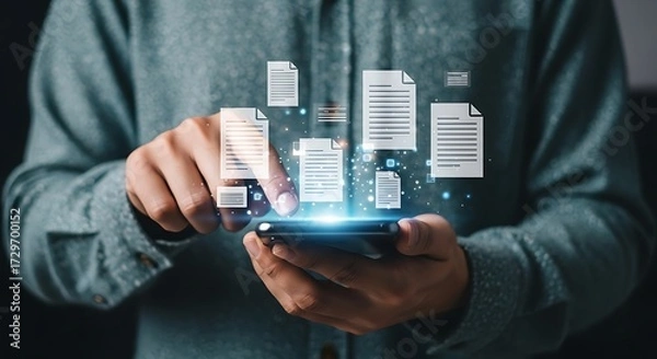 Fototapeta Person using smartphone with digital documents floating in air technology mobile