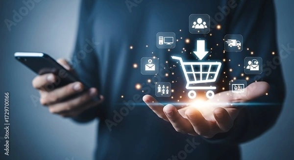 Fototapeta Person Using Smartphone with E-commerce Icons and Shopping Cart Overlay online retail